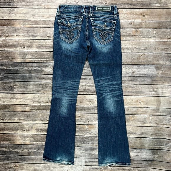 Rock Revival Ele Bootcut Stretch Jeans 27x34 Mens Blue Denim Thick Stitch Flap - Picture 2 of 13